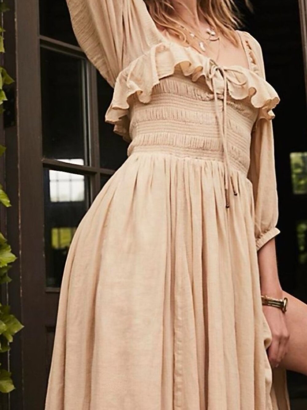 Free People Oasis Midi Dress in Tan/Cream, Size Small